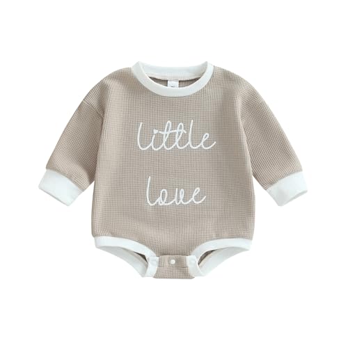Image of Douhoow Baby Sweatshirt Little Love Waffle Romper Infant Girl Boy Knit Fall Winter Clothes (Khaki, 3-6 Months)
