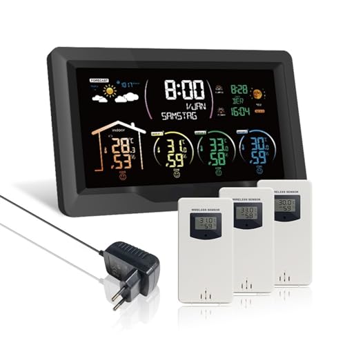 VSPPJYFG Station météo numérique, Horloge Murale, Compteur de température et d'humidité, Horloge de Bureau avec 3 capteurs intérieurs et extérieurs(UK)