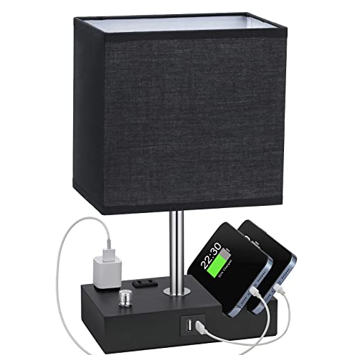 Kakanuo Table Lamp for Bedroom with Dual USB Ports, Fully Dimmable Black Bedside Lamp with Phone Stands and 2 Charging Outlets, Desk Lamp for Nightstand and Living Room, LED Bulb Included