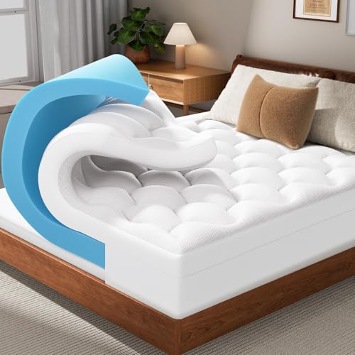 OhGeni Cooling 4 lnch Queen Size Dual Layer Mattress Topper, 2 Inch Gel Memory Foam, 2 Inch Soft Pillow Top Pad, Guest Bedroom Essentials Mattresses Cover, Extra Comfortable Sleep and Back Pain Relief