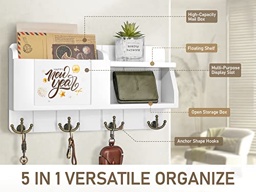 Rebee Vision Key Holder For Wall Set : 14" Arc Key Rack With 5 Hooks & 16" Mail Organizer With Chalkboard And 4 Anchor Hooks For Home Apartment Entryway Decor - White #TOP5