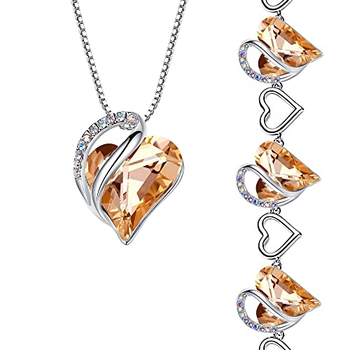 Leafael Infinity Love Heart Necklace and Bracelet for Women, Healing Stone for Energy Crystal Jewelry, Silver Tone Bundle Gifts for Women, Carnelian Orange