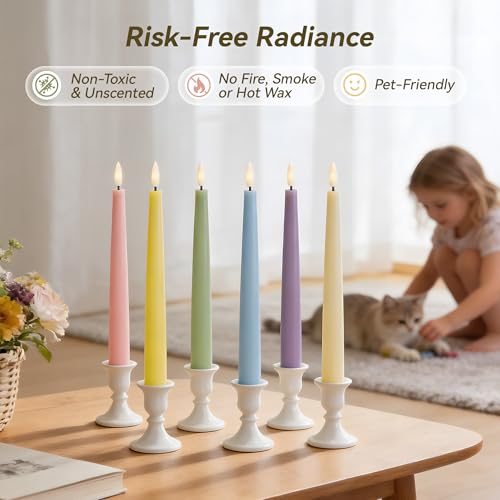 Image of Stmarry Multicolored Pastel Flameless Taper Candles with Remote, 9.65 Inch Real Wax LED Colored Candlesticks, Battery Operated Colorful Candlesticks, Easter Spring Home & Wedding Decor, 6 Pack