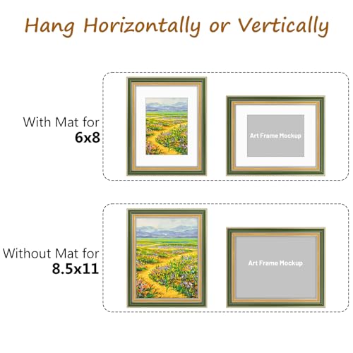Image of Golden State Art,8.5x11 Ornate Picture Frame Holds 6x8 Photo,Green Gold | Includes easel back,HD plexiglass,white mat,build-in hangers.8.5x11 Decorative photo frame matted to 6x8.Desktop /wall mount