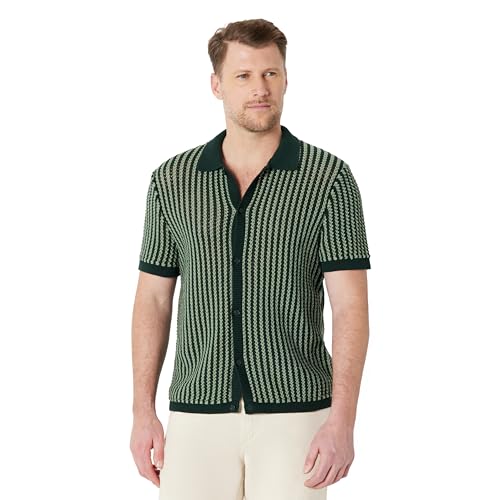 Amazon Essentials Mens Short Sleeve Button-Down Resort Knit Shirt Dark Green Stripe Knit XX-Large