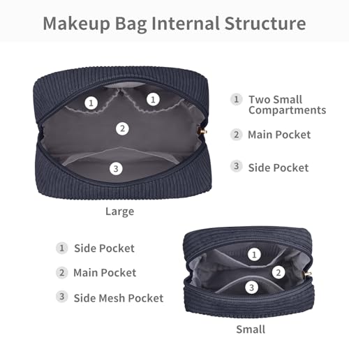 MAGEFY Makeup Bag for Purse, 2 Pcs Corduroy Cosmetic Bag for Girls Women Small Travel Makeup Pouch with Zipper (Grey)2