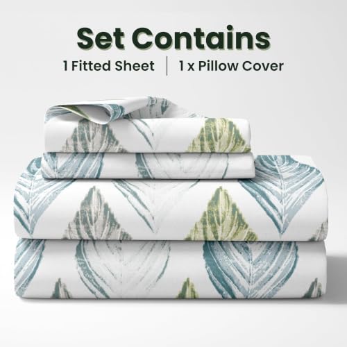 Image of LORETO - A QUALITY LINEN BRAND 186 TC 100% Pure Cotton Single Fitted Bedsheet with Pillow Cover for 36x78 inch Mattress, All-Around Elastic, Fits up to 8 Inch Depth, Teal Blue & Green