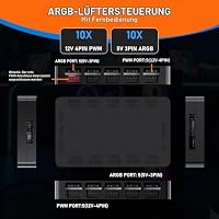 Oddtone 2-in-1 ARGB PWM Lüfter-Hub mit Controller, 10 x 4-Pin PWM Lüfter-Anschlüsse, 10 x 5V 3-Pin ARGB Ports, Magnetbasis und SATA-Stromversigung – 20 Ports – Ansicht 3