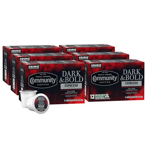 Image of Community Coffee Dark & Bold Espresso Roast Coffee Pods, 72 count, Extra Dark Roast Compatible with Keurig 2.0 K-Cup Brewers, 12 Count (Pack of 6)