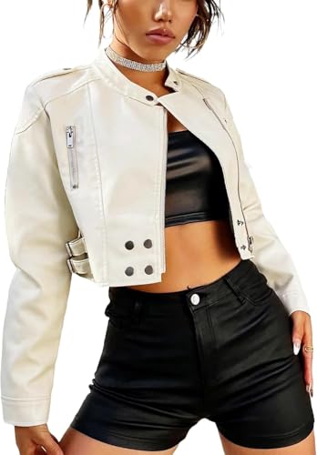 Veste de moto courte en cuir femme blanc cassé et coupe cintrée
