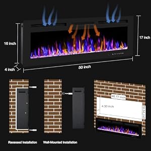 50 Electric Fireplace Wall Mounted and Recessed with Remote Control 7501500W Ultra Thin Wall Fireplace Heater WTimer Adjustable Flame Color and Brightness Log Set Crystal Options