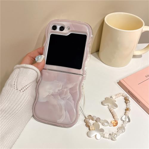 Coque Samsung Galaxy Z Flip5 ondulée effet marbre avec bracelet perles