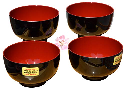 Miso-Schalen ohne Deckel, 11 cm Durchmesser, traditionell in Schwarz und Dunkelrot, 4 Stück