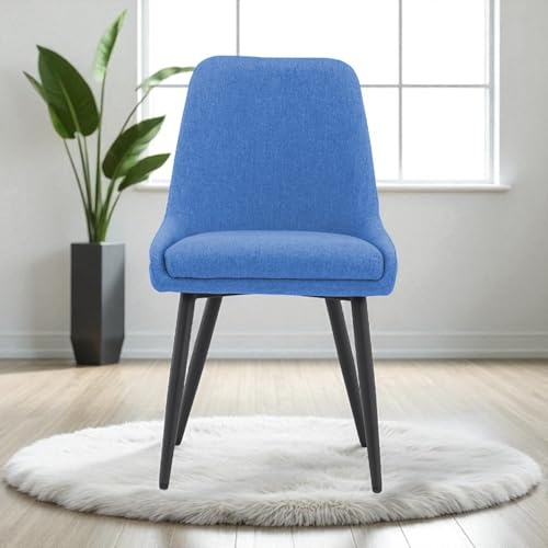 Image of Finch Fox Morris Glam Comfortable Fabric Upholstered Padded Living Room Side Dining Chair for Cafeteria Bedroom, Restaurents, Home, Office with Black Metal Legs in Blue Color