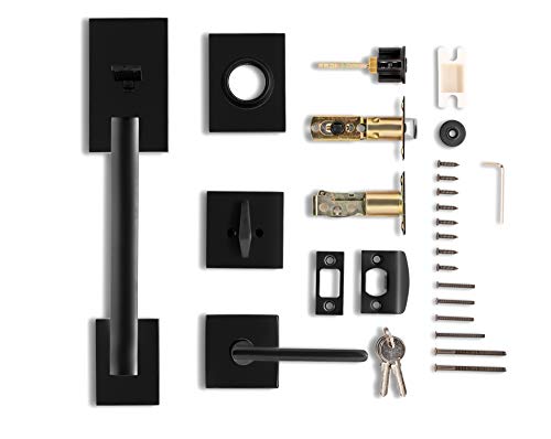 Image of Berlin Modisch HandleSet Front Door Entry Handle and Deadbolt Lock Set Slim Square Single Cylinder Deadbolt and Lever Reversible for Right & Left Sided Doors Heavy Duty - Iron Black Finish