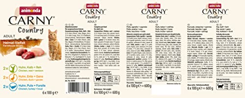 animonda Carny Country Katzenfutter nass Home Mix (6 x 100g), getreidefreies Katzen Nassfutter ohne Zucker, mit frischen fleischigen Zutaten, Sortenmix