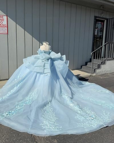 Appliques Quinceanera Dresses with Bow Glitter Beaded Ball Gown with Train Off Shoulder XV Dress SE0463