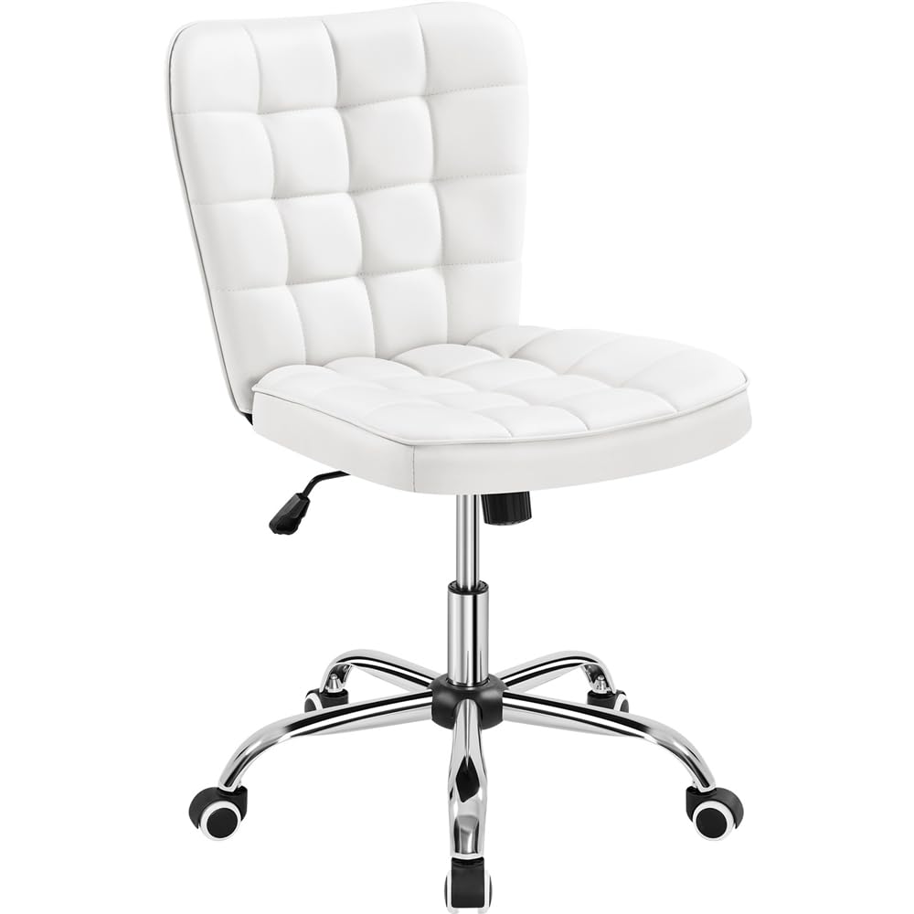 Yaheetech Silla de Oficina sin Reposabrazo Silla Oficina Tapizada de Cuero PU Silla con Ruedas Silla Ergonomica Base Metal Blanca