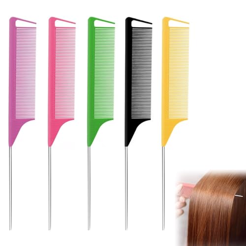 5 PCS Tail Comb Anti-Static Hair Comb Carbon Fibre Styling Heat Resistant and Salon Rattail Parting Steel Pintail Cutting Teasing Hair Comb for Women and Men 5 Colors