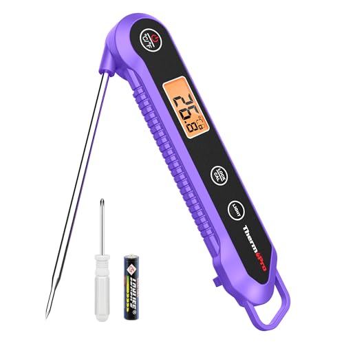 ThermoPro Food Thermometer, IPX6 Waterproof Cooking Thermometer Foldable Probe with Backlight/Calibration/Lock Fuction, Kitchen Digital Instant Read Use for Chicken, Beef, Fish, Pork, Ham, Purple