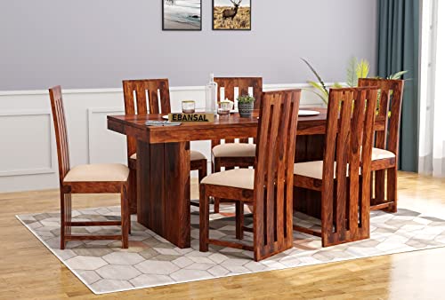 Image of Wooden Dining Table 6 Seater | Six Seater Dinning Table with 6 Chairs with Cushion for Home & Restaurant | Dining Room Sets | Sheesham Wood, Natural