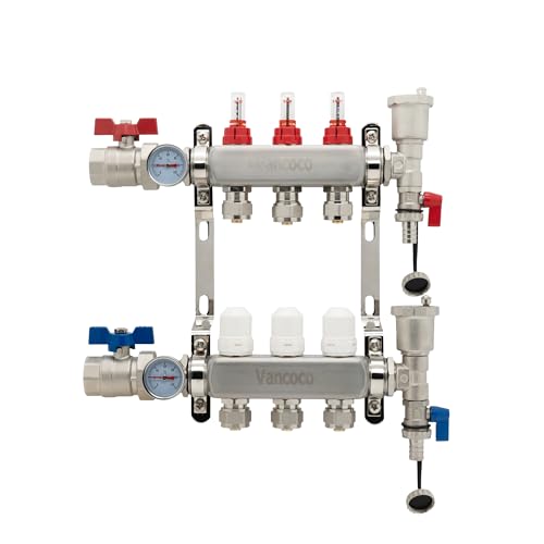 ‌VANCOCO 3-Loop Manifold, 304 Stainless Steel Pex Manifold with1/2" Adapters, 3-Brach Radiant Heat Manifold for Hydronic Radiant Floor Heating