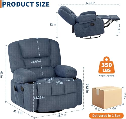 Image of Oversized Manual Swivel Recliner Chair for Adults, 360 Swivel Rocker Glider with Vibration Massage & Heat, Extra Wide Chenille Fabric Lazy Chair for Living Room Bedroom, Blue Chenille