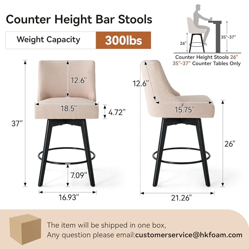 Image of Swivel Counter Height Bar Stools Set of 2, Modern Fabric Swivel Barstools with Contoured Back and Solid Wood Legs, Upholstered Counter Stool Bar Chairs for Kitchen Island, Home Bar, Beige