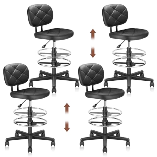 Image of KLASIKA Leather Drafting Stool Chair with Ergonomic Backrest & Footrest, Padded Seat Adjustable Height 360 Swivel Rolling Stools, Tall Office Chair for Standing Desk, Shop, Drawing, Black, 4 Pack