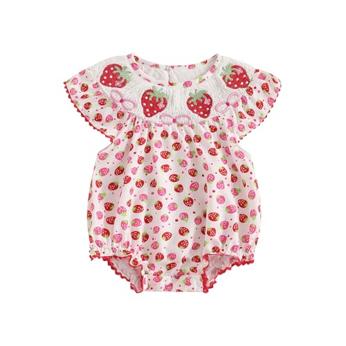 Licupiee Newborn Baby Girls Watermelon Romper Fly Sleeve Ruffle Rompers Sleeveless Babydoll Collar Bodysuits Summer Clothes (Red Strawberry, 0-3 Months)