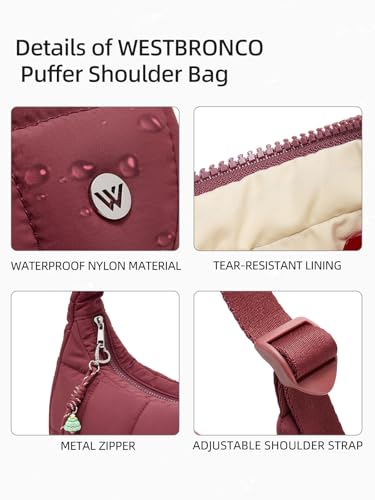 Image of WESTBRONCO Small Puffer Crescent Shoulder Bag for Women, Nylon Quilted Shoulder Purses, Puffy Handbags with Adjustable Strap