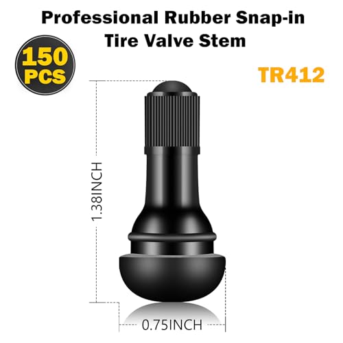 Image of Tire Valve Stems Rubber Black Rubber Snap-in Valves,Tubeless Valve Stems Suit for 0.453 inch Rim Holes on Standard Vehicle Tires (150pcs(TR412-150pcs))