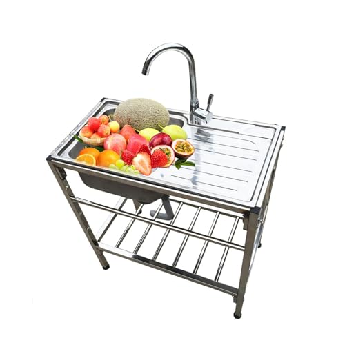 AYHARYLH Évier Cuisine sur Pied 1 Bac, Évier INOX Autoportant avec Robinet Mixte Et Grand Égouttoir, Cuisine Professionnel pour Intérieur/Extérieur,...