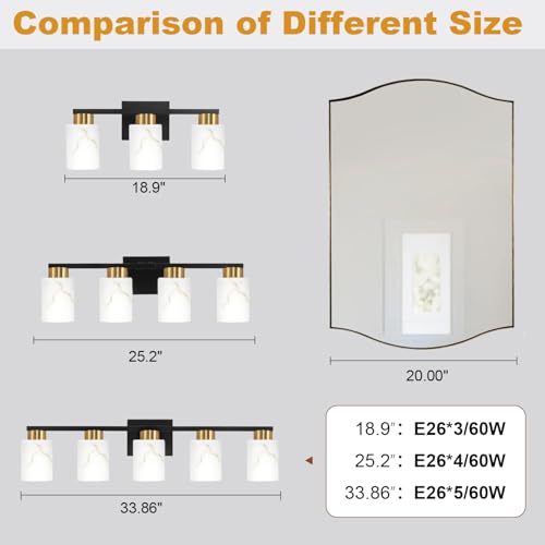 Image of 4-Light Bathroom Light Fixtures, Modern Vanity Lights, Black and Gold Metal Wall Lamp with White Marble Glass for Bathroom, Mirror, Living Room, Bedroom, Cabinet, Porch, Hallway, E26 Base