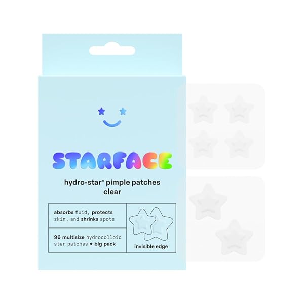 Starface Hydro-Star Clear Big Pack, Invisible Hydrocolloid Pimple Patches, Two Sizes and Star Shape, Absorb Fluid and Reduce Redness (96 Count)