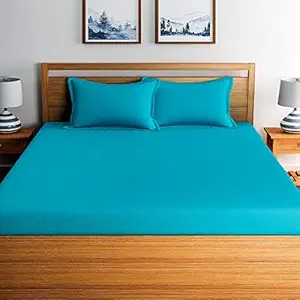 Home Ecstasy 100% Cotton Plain Double Bedsheet with Pillow Cover, 150tc Blue Solid Double Bedsheet (7.3ft X 7.7ft)