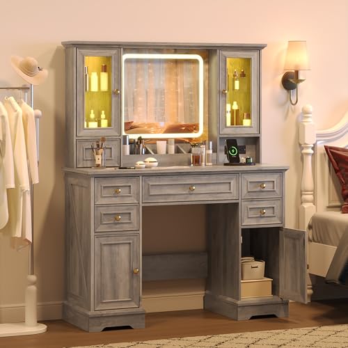 Image of Makeup Vanity Desk with Mirror and Lights, Farmhouse Vanity Table Set with 6 Drawer&Charging Station, Makeup Table with RGB Cabinets, Grey Vanity with Lighted Mirror for Girls Women, 3 Light Modes