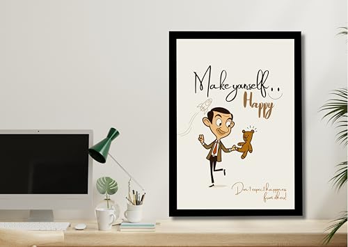 Image of MIRA MEST Make Yourself Happy Wall Art Frame | Positive Quote Artwork with Cartoon Man & Teddy | Self Happiness Motivational Poster | Ready to Hang Frame for Bedroom Living Room & Office Decor