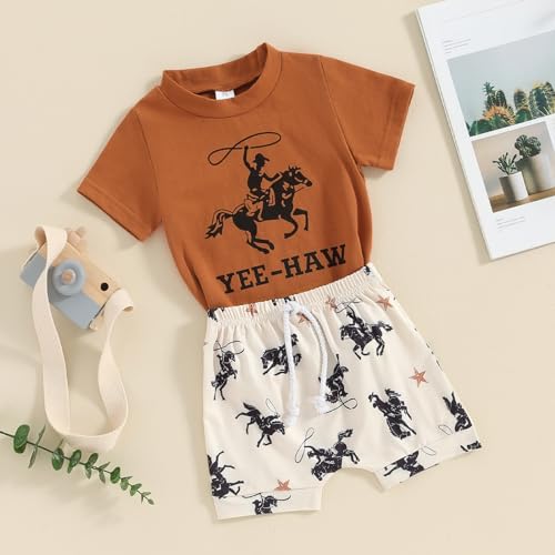 Dewadbow Western Baby Boy Clothes Vintage Yee Haw T Shirt Top Rodeo Shorts Set 2Pcs Toddler Boys Country Cowboy Outfit (YEE-HAW, 18-24 Months)