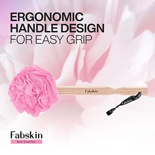 Image of FABSKIN Luxury Back Bathing Loofah With Wooden Handle for Men and Women | Pack of 1 | Loofah For Back Bathing with handle | Back Bathing Loofah Brush | Back Scrubber for Bathing (Pink)