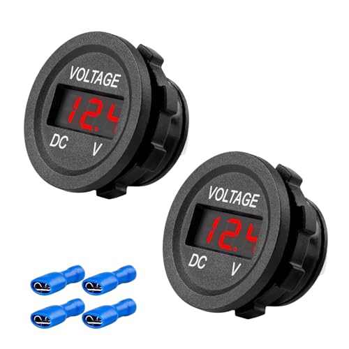 XJVSS 2 PCS Car Voltage Gauge, DC 12-24 V Round Panel Vehicle Battery Voltmeter with LED Digital Display, Waterproof Battery Monitor Mini Volt Meter for Car Truck Motorcycle (Red)