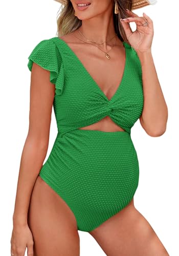 KEOYA Maternity One Piece Swimwear Sleeveless Ruffled Pregnancy Swimsuit Bathing Suit Maternity Bikini Green Medium