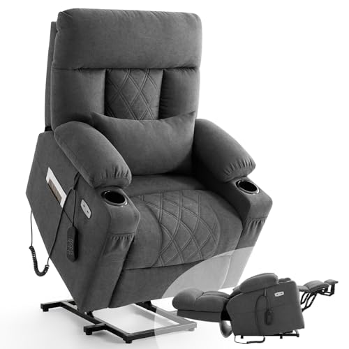 Power Lift Recliner Chair for Elderly with Extended Footrest, Infinite Position Lay Flat Recliner Chair for Adult W/Massage & Heating, Adjustable Headrest, 3-Motor Zero Gravity,Cup Holder, Fabric