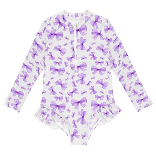 Purple Bows Girls Long Sleeve Rashguard Swimsuit UV Protection One-Piece Swimwear Bathing Suit B0405130