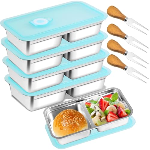 GRETJOB 4 Pack kids Grab and Go Stainless Steel Double Compartment Snack Containers with Leakproof Lids, Stainless Steel Snack Containers, Dual Compartment Bento Box for Travel, Camping & Lunch Prep