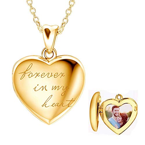 925 Sterling Silver Heart Locket Necklace That Holds Pictures Forever In My Heart Photo Locket Necklace for Women Family (Gold Locket Necklace)