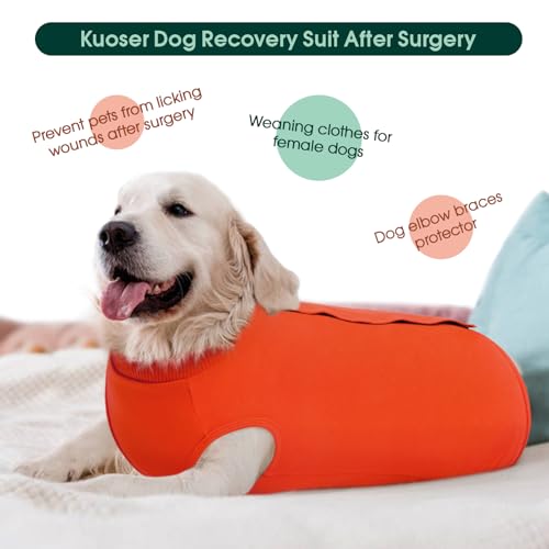 Image of Kuoser Dog Recovery Suit with Anti Licking Rear Leg Sleeve, Orange 3XL | Abdominal Dog Surgical Suit with Pants Cover Protect Wounds, Dogs Elbow Protector Soft Pet Surgery Onesie Cone Alternative