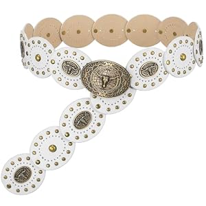 LEACOOLKEY Women’s Boho Disc Belt Cowboy Wide Western Concho Leather Belt for Dresses Jeans Pants