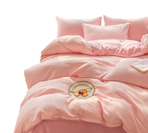 Beyeutao Pink Waffle Duvet Cover Ultra Soft Washable Microfiber Duvet Cover Queen Comforter Textured 3 Piece Bedding Set With Duvet Cover Pillowcases Zipper Closure Corner Ties Set For All Seasons. #TOP6