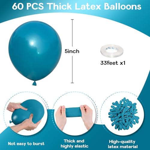 Image of Jobkoo Peacock Blue Balloons 5 Inch, 60Pcs Small Turquoise Balloon Teal Blue Latex Balloons 5'' Mini Matte Dark Teal Aqua Blue Helium Balloons for Birthday Baby Shower Wedding Whale Party Decorations